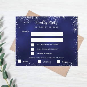 Menu bleu marine argent choque mariage carte RSVP