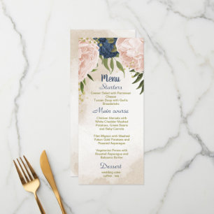 Menu bleu marine fleurs vert feuille mariage