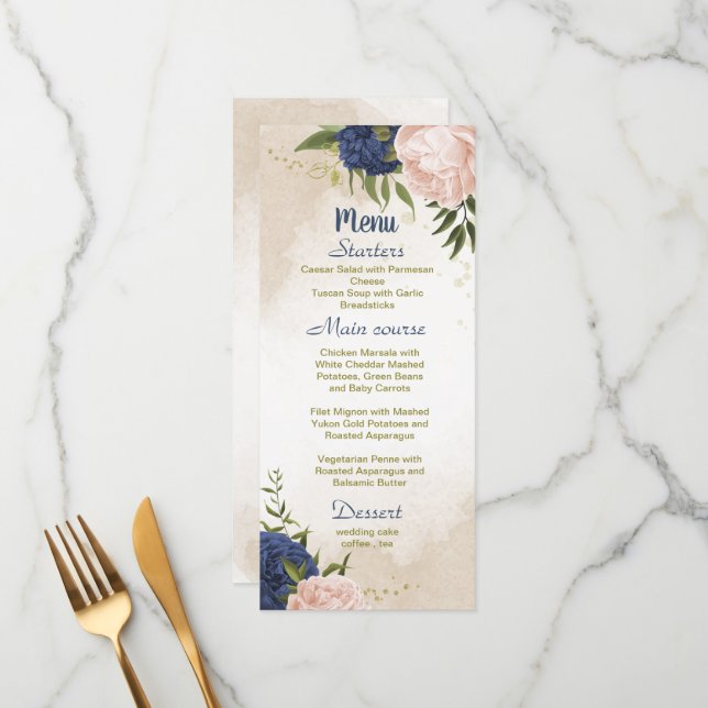 Menu bleu marine fleurs vert feuille mariage (Devant/Arrière en situation)