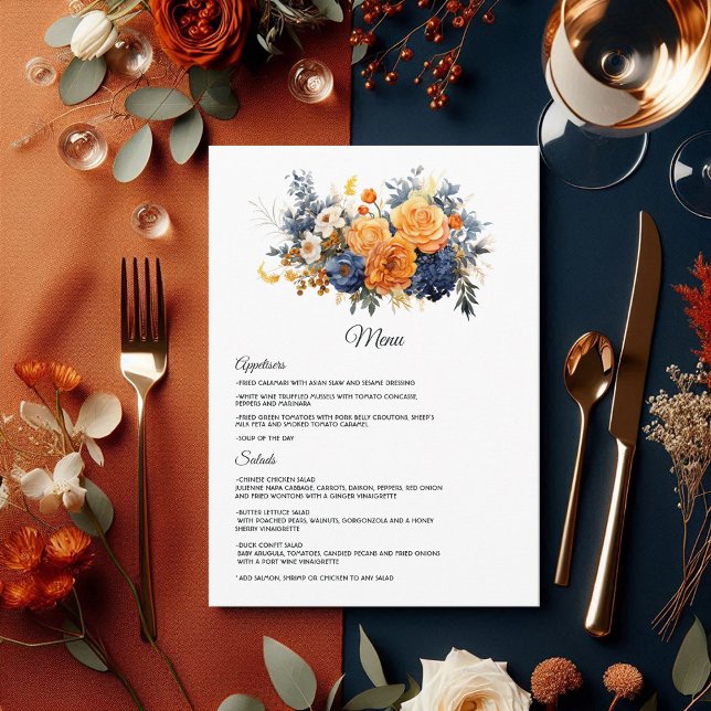 Menu Bleu marine, orange brûlé et Mariage de fleurs de  (Navy Blue, Burnt Orange and Champagne Floral Wedding Menu)