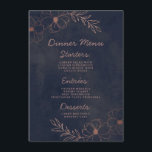 Menu Bleu Marine & Rose Gold Foil Dîner à la frontière<br><div class="desc">Marine Blue & Rose Gold Foil Floral Frontière Design Mariage avec des fleurs dessinées à la main, des Feuilles et de l'aquarelle arrière - plan. A Chic and Modern Look for an Automne Fall or winter mariage, with bold color palette : Navy blue, and rose gold faux foil details. Éléments...</div>
