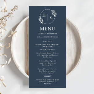 Menu Bleu Nuit Blanc Élégant Classique Mariage