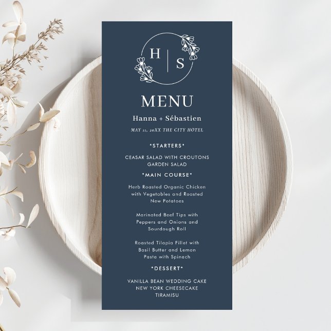 Menu Bleu Nuit Blanc Élégant Classique Mariage  (Créateur téléchargé)