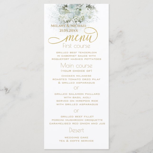 Menu Bleu poussiéreux calligraphie florale romantique e (Devant)