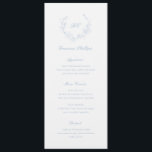 Menu Bleu Poussiéreux Monogramme Nom de l'invité Mariag<br><div class="desc">Menu de mariage élégant avec un design épuré et intemporel avec votre monogramme à l'intérieur d'un blason de couronne. Utilisez le modèle pour ajouter le nom de chaque invité et éviter les cartons de placement.</div>