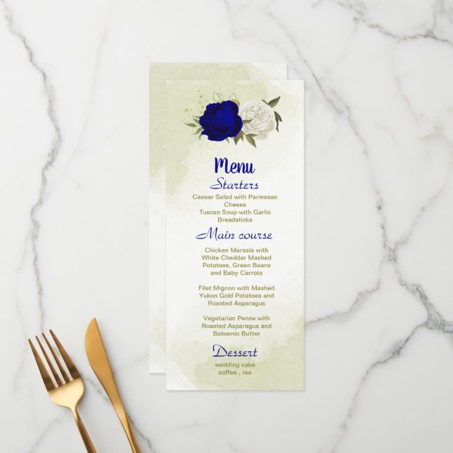 Menu bleu royal fleurs blanches vert feuille mariage (Devant/Arrière en situation)