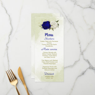 Menu bleu royal fleurs blanches vert feuille mariage