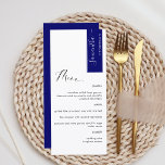 Menu Bleu Royal, Personnalisé avec le nom de l'invité É<br><div class="desc">Pourquoi dépenser pour des cartons de placement et des menus lorsque vous pouvez avoir un menu élégant tout-en-un personnalisé avec le nom de chaque invité, ou le nom de l'invité d'honneur ! Design contemporain, simple et élégant avec une belle calligraphie manuscrite moderne. Une bande dans le coin supérieur droit dans...</div>