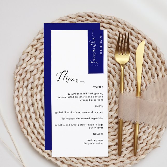 Menu Bleu Royal, Personnalisé avec le nom de l'invité É (Créateur téléchargé)