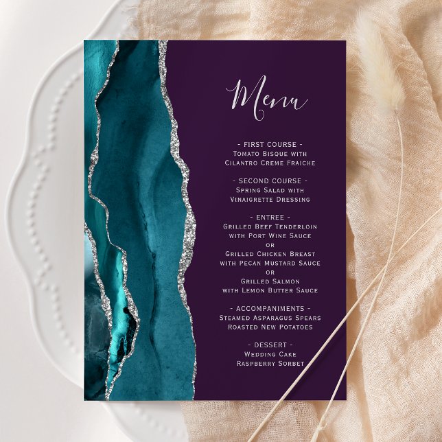 Menu Bleu sarcelle Argent Agate Violet Mariage (Créateur téléchargé)