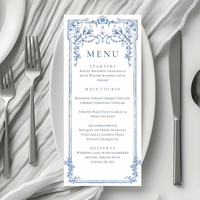 Menu Bleu Victorian Ornate Grace Floral Mariage Dîner (Créateur téléchargé)