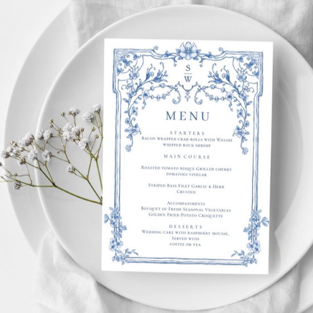 Menu Bleu Victorian Ornate Grace Floral Mariage Dîner (Créateur téléchargé)