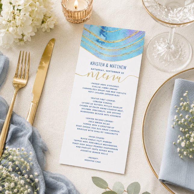 Menu bleu violet aquarelle Agate (Elevate your celebration dining with this blue lavender agate geode gold foil wedding menu design. )