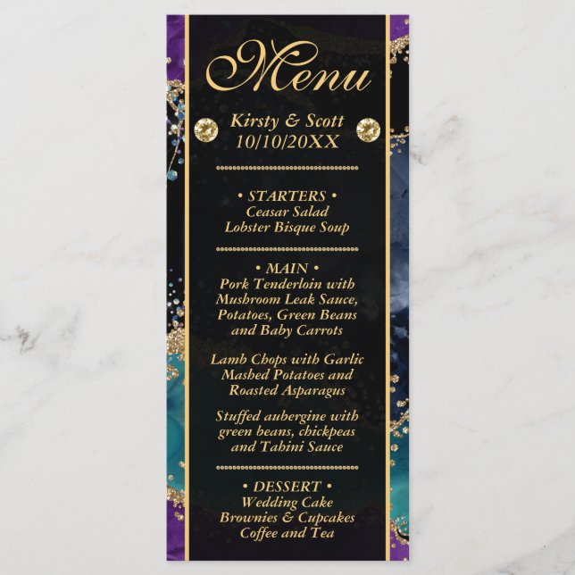 Menu Bleu Violet Sarcelle Or Paillettes Agate Mariage (Devant)