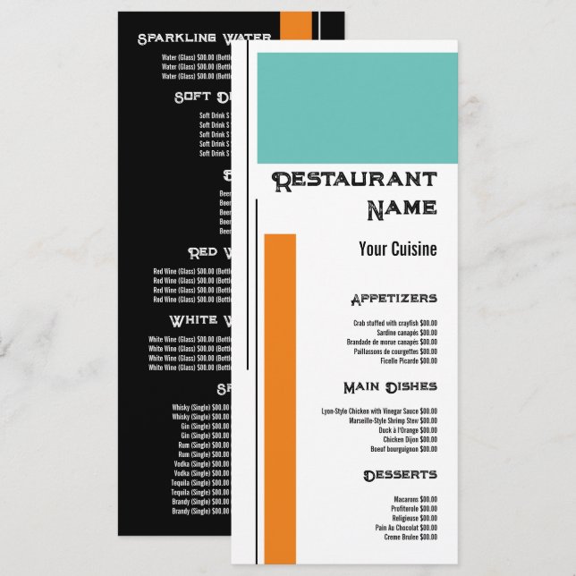 Menu Bloc de couleur classique double, Restaurant Sliml (Devant / Derrière)