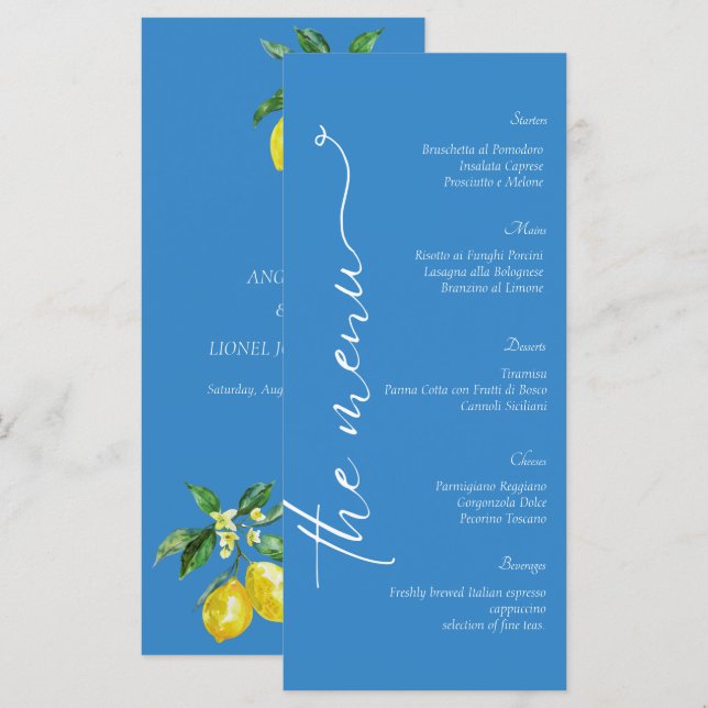 Menu Blue Amalfi Coast Lemon Italie Mariage (Devant / Derrière)