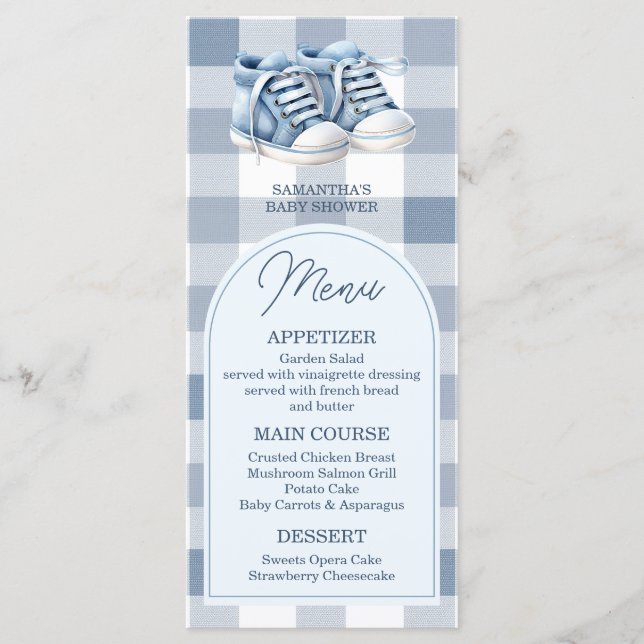 Menu Blue Baby Shoes Gingham Boy Booties Baby Shower (Devant)