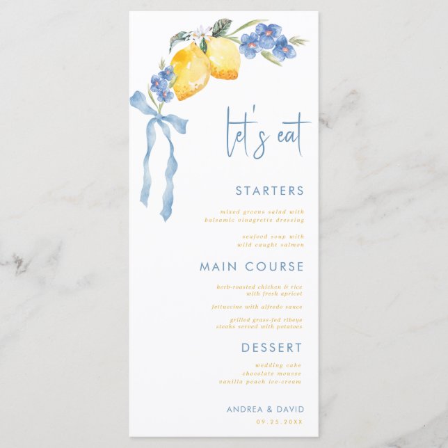 Menu Blue Bow Yellow Lemon Italian Let's Eat Wedding (Devant)