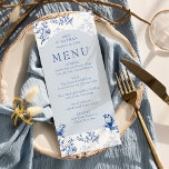 Menu Blue Chinoiserie Élégant Mariage floral<br><div class="desc">Menu mariage de la Chinoiserie au design botanique vintage bleu et blanc élégant. Floral délicat et romantique, avec des branches de roses et d'oiseaux de la nature et une palette de couleurs dans les tons bleus inspirés de la toile rustique française, porcelaine chic chinoiserie, poterie de luxe, les époques géorgienne,...</div>