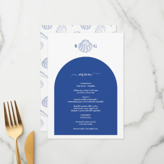 Menu Blue Clam Seashells Coastal Seaside Beach Wedding