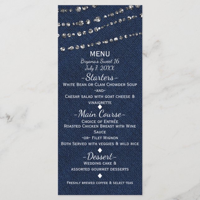 Menu Blue Denim & Diamonds Sparkle Bling Party (Devant)