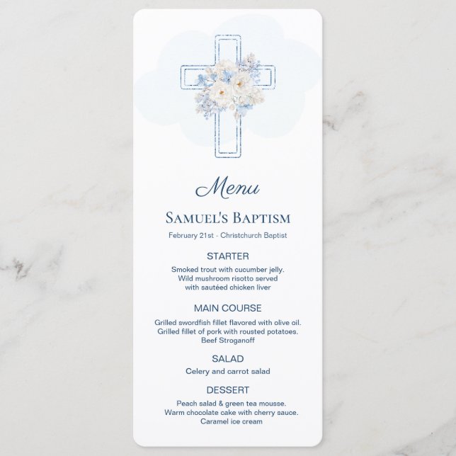 Menu Blue Floral Cross Baptism (Devant)