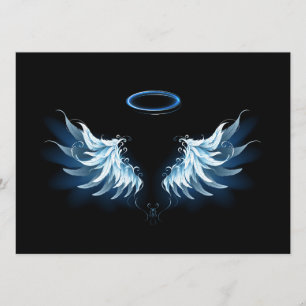 Menu Blue Glowing Angel Wings on black background
