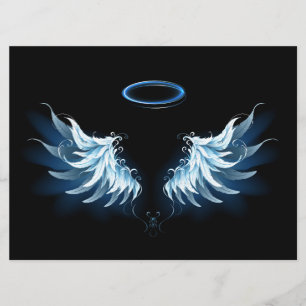 Menu Blue Glowing Angel Wings on black background