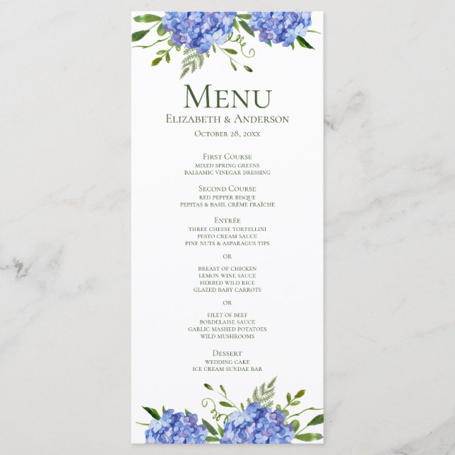 Menu Blue Hydrangeas Floral Mariage d'aquarelle (Devant)