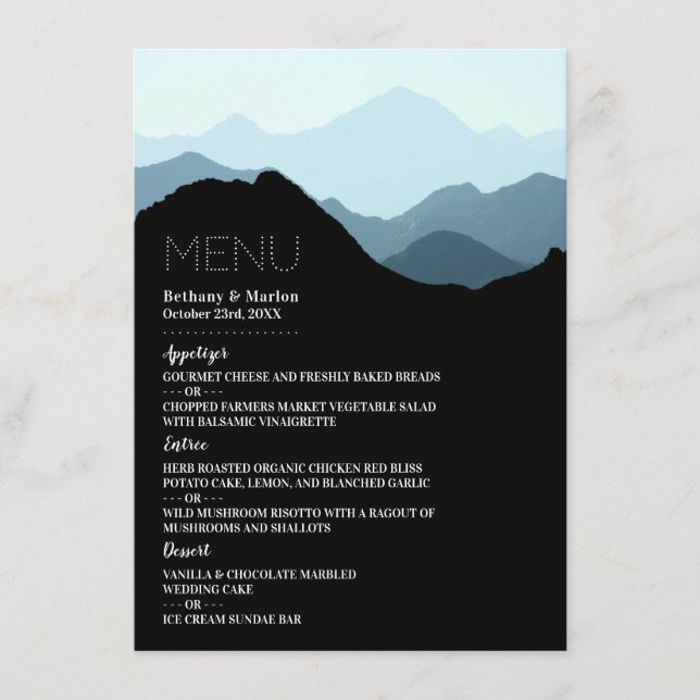 Menu Blue Mountain Range, Mariage rustique (Devant)