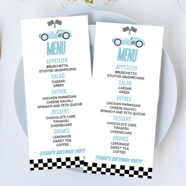 Menu Blue Race Car Anniversaire Fête Nourriture (Créateur téléchargé)