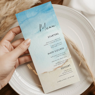 Menu Blue Watercolor Ocean Beach Sand Dîner Mariage