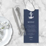 Menu Blue Wave Ancre Mariage Wht/Navy ID836<br><div class="desc">Les pièces de cette élégante suite de mariage présentent un style nautique classique et un style épuré et minimaliste. Des vagues stylistiques dans les teintes allant de l'aqua au bleu marine et une illustration d'ancrage et de corde apportent des accents uniques. Une petite image d'ancrage en blanc sur bleu marine,...</div>
