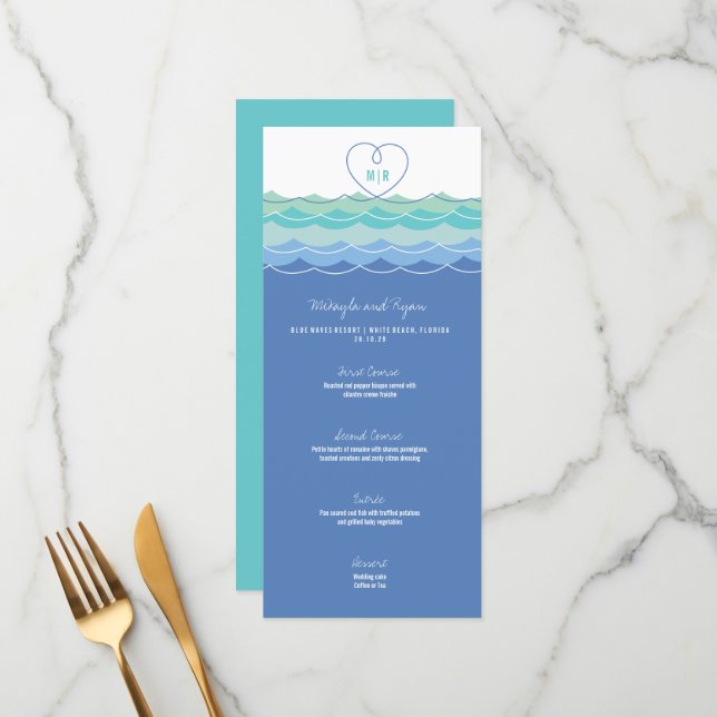 Menu Blue Waves Loopy Love Heart Monogram Beach Mariage (Devant/Arrière en situation)