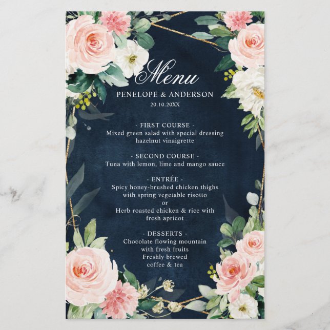 Menu Blush Navy Dusty Blue Botanical Mariage (Devant)