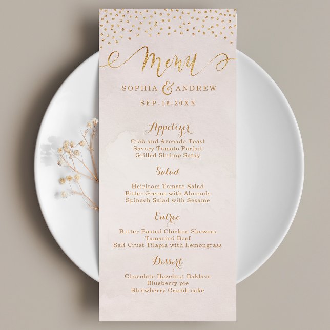 Menu Blush parties scintillant rose or calligraphie mar (Blush glitter rose gold calligraphy wedding menu)