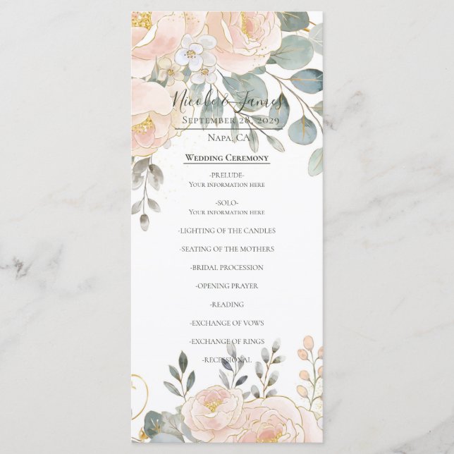 Menu Blush Peony & Eucalyptus Botanical Floral Wedding  (Devant)