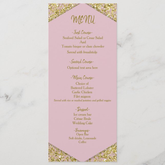 Menu Blush Rose Chic Paillettes Dorées Mariage Glamour  (Devant)