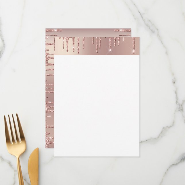 Menu Blush Rose Gold Paillettes Brillance Gouttes Chic  (Devant/Arrière en situation)