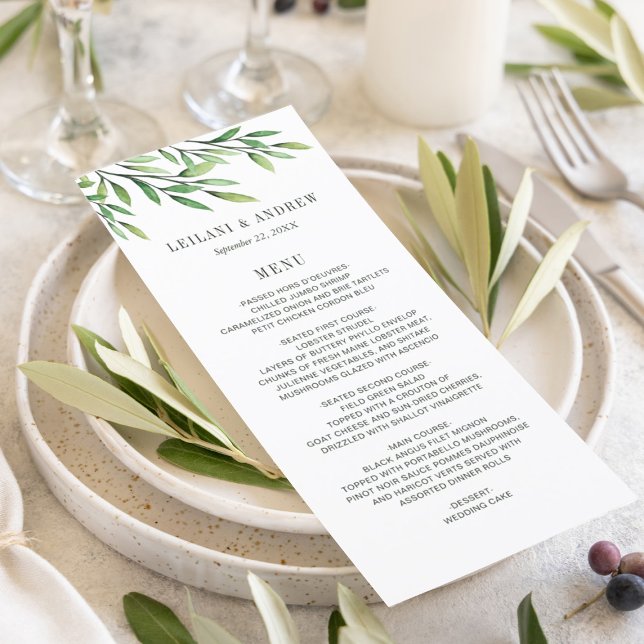 Menu Boho Aquarelle Direction de la verdure Mariage élé (Simple green watercolor branches for a simple modern wedding reception menu.)