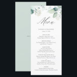 Menu Boho Aquarelle Eucalyptus Feuille Mariage vert<br><div class="desc">Ajoutez ces cartes de menu personnalisables au paysage de table de votre événement. Il présente l'aquarelle illustrant les feuilles et les fleurs d'eucalyptus. Personnalisez ces cartes de menu verdoyantes en ajoutant des noms, des dates et des choix de repas. Ces cartes de menu à l'aquarelle eucalyptus sont parfaites pour les...</div>