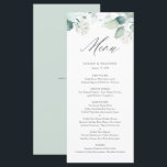 Menu Boho Aquarelle Eucalyptus Feuille Mariage vert<br><div class="desc">Ajoutez ces cartes de menu personnalisables au paysage de table de votre événement. Il présente l'aquarelle illustrant les feuilles et les fleurs d'eucalyptus. Personnalisez ces cartes de menu verdoyantes en ajoutant des noms, des dates et des choix de repas. Ces cartes de menu à l'aquarelle eucalyptus sont parfaites pour les...</div>