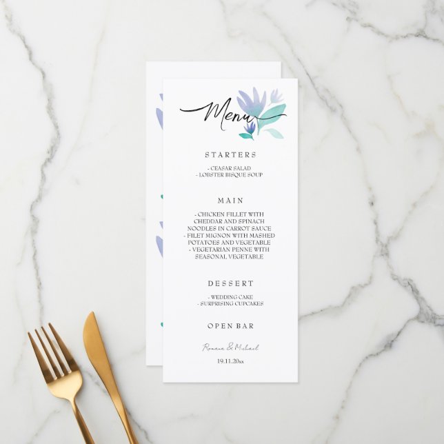 Menu Boho Artistic Blue Floral Garden Aquarelle (Devant/Arrière en situation)