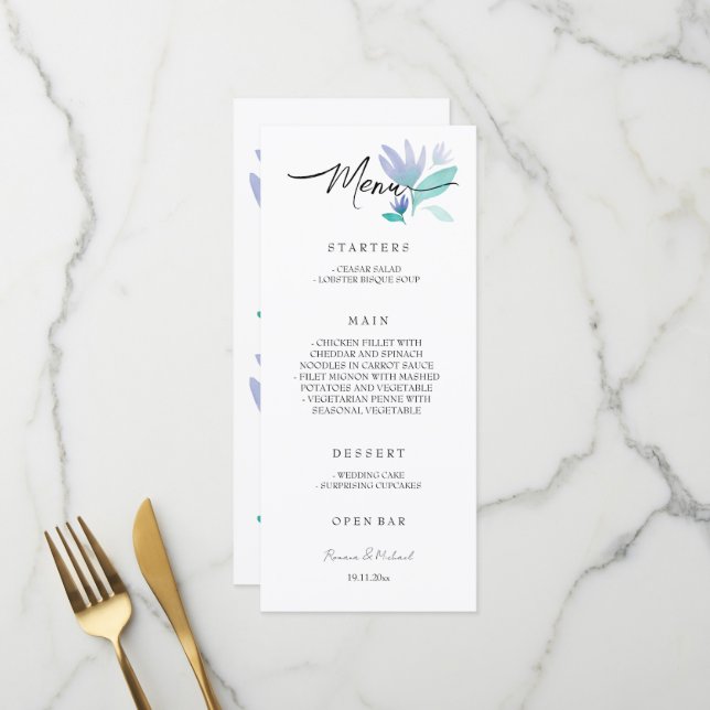 Menu Boho Artistique Bleu Floral Jardin Aquarelle (Devant/Arrière en situation)