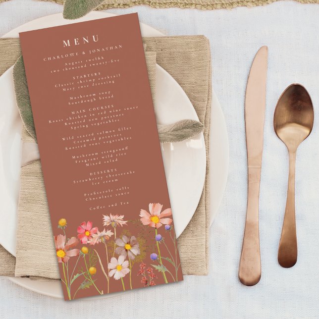 Menu Boho Automne Fleurs Sauvages Floral Orange Brûlé M (Boho fall wildflower floral beige and burnt orange wedding menu card Watercolor meadow flowers)