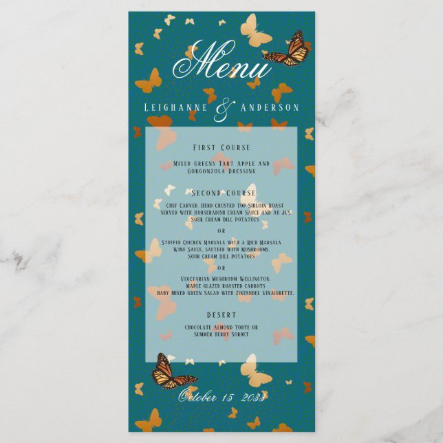Menu Boho Automne Mariage Cuivre et papillon Turquoise (Devant)