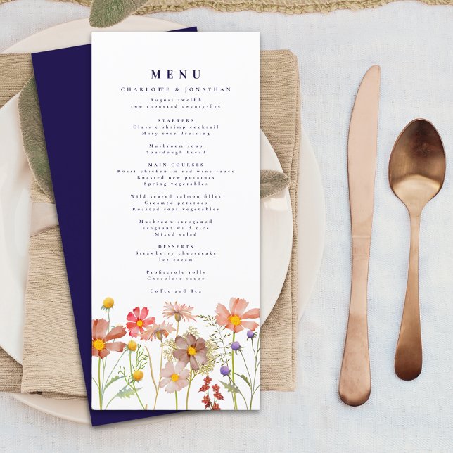 Menu Boho Automne Prairie de Fleurs Sauvages Mariage Bl (Boho fall wildflower meadow elegant navy blue typography wedding menu card Watercolor flowers )