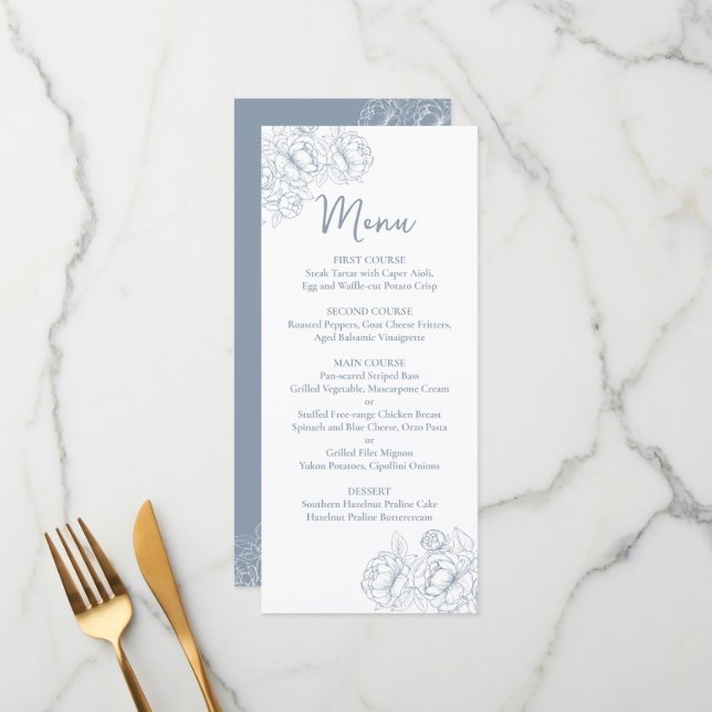 Menu Boho bleu Boho à double face Mariage Floral Boisso (Devant/Arrière en situation)