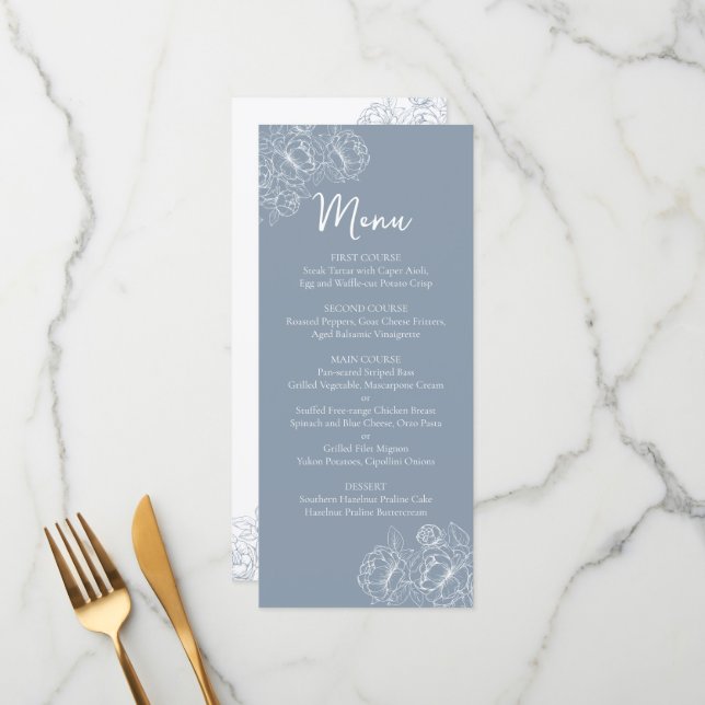 Menu Boho bleu Boho à double face Mariage Floral Boisso (Devant/Arrière en situation)