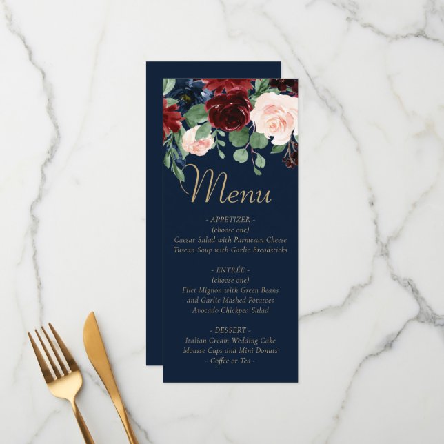 Menu Boho Blooms | Dark Navy Blue et Burgundy Garland (Devant/Arrière en situation)